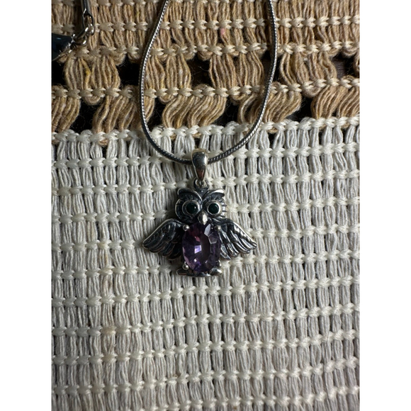 Silver and Amethyst Owl Pendant on Stainless Steel Chain - Picture 6 of 8